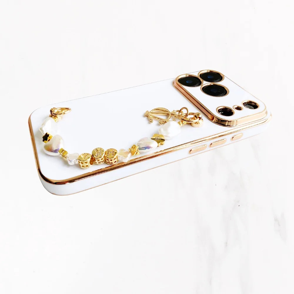 iPhone 17 Series Gold Trim Charm Handle Grip Case - White