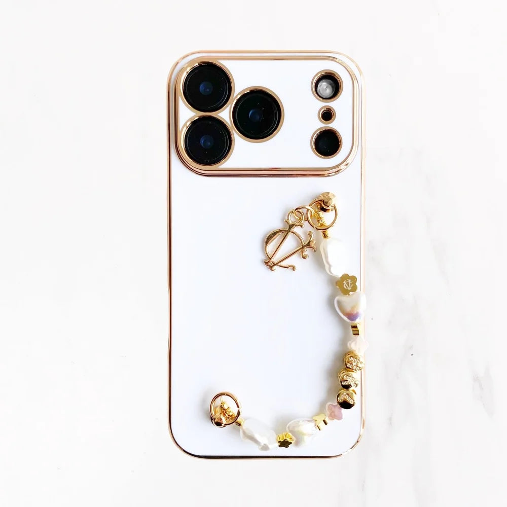 iPhone 17 Series Gold Trim Charm Handle Grip Case - White